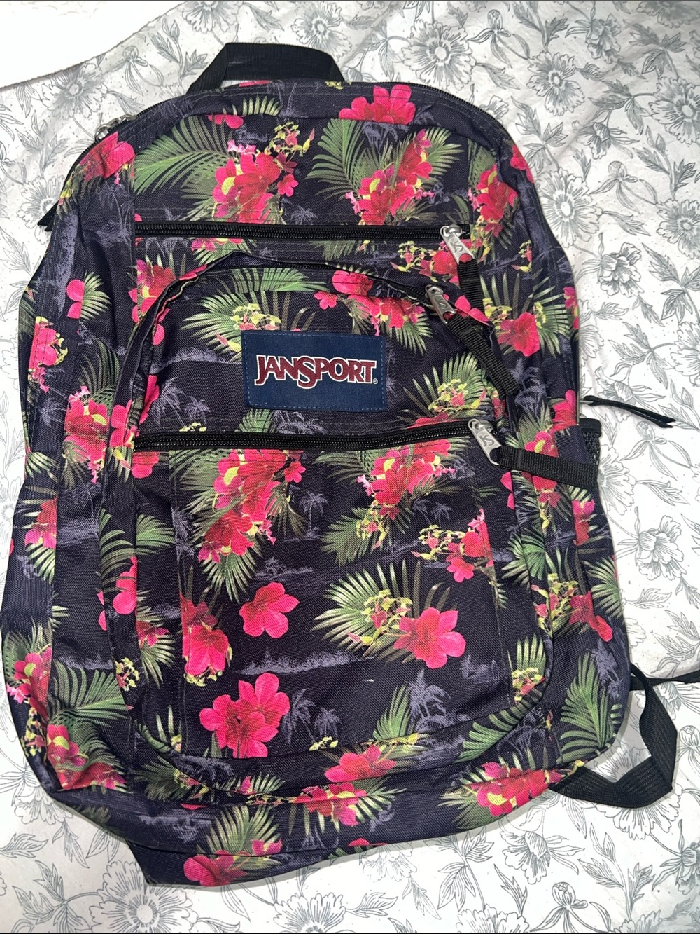 JanSport Black Backpack with Pink Floral & Green Leaf Print